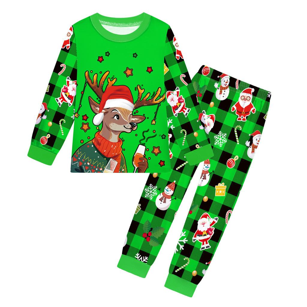 Kids Boys Girls Cartoon Santa Claus Christmas Tree Elk Print Long Sleeves T-Shirt Top Pants Trousers Clothes Set