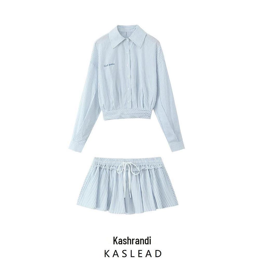 2025 Spring Women's European & American Striped High-Waisted Shirt with Shorts/Skirt Combo