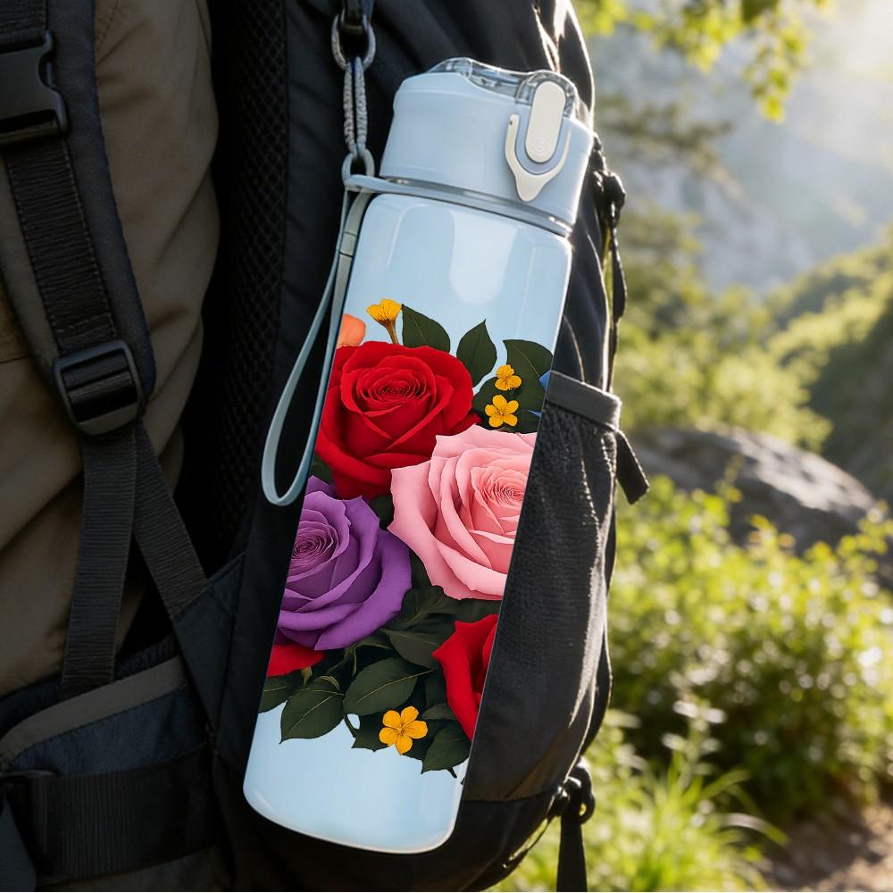 1PC Mixed Rose Flower Bouquet Print 750ml Color Plastic Sports Water Bottle Leakproof Flip Straw Lid Suitable for Sports Office Home Use