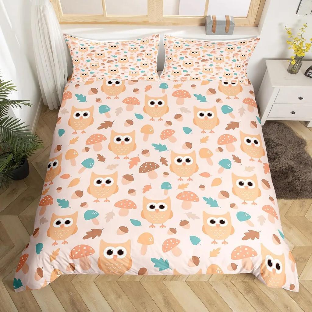 Kids Cartoon Garden Bed Set Cute Owls Comforter Cover, Chic Tree Butterfly Duvet Cover Full Queen White Daisy Floral Bedding Set