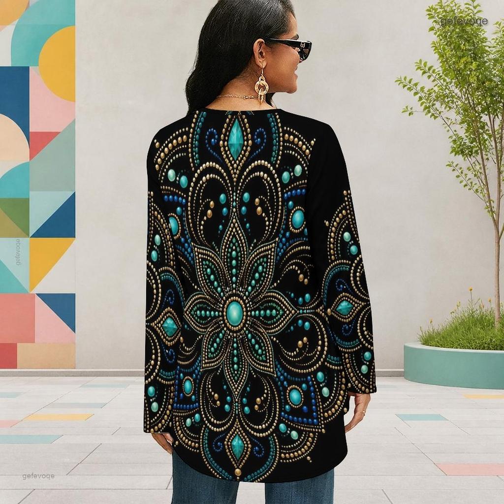 Women Plus Size Round Neck Long Sleeve Rainbow Galaxy Printed Loose High Low Hem Shirt