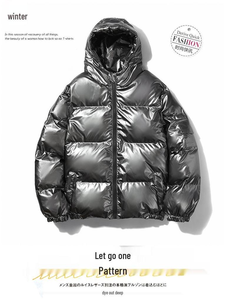 Męska bawełniana kurtka z kapturem z odblaskowymi elementami 2024: Zima, Jednolity kolor, Błyszczący, Luźny krój, Pogrubione wypełnienie