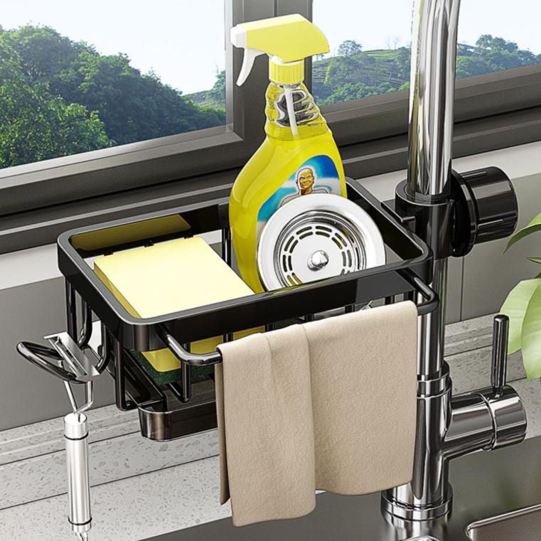 CADUKE Kitchen Faucet Storage Rack, Dishwashing Sink Organizer, Household Draining Multi-Functional Cloth Storage Shelf