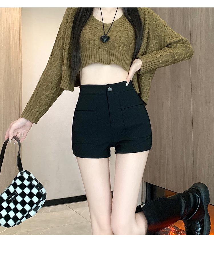 

Женские черные шорты А-силуэта с высокой посадкой - Повседневная одежда на осень/зиму, Утягивающие шорты, Прямые/широкие штанины для миниатюрных 3XL чёрный