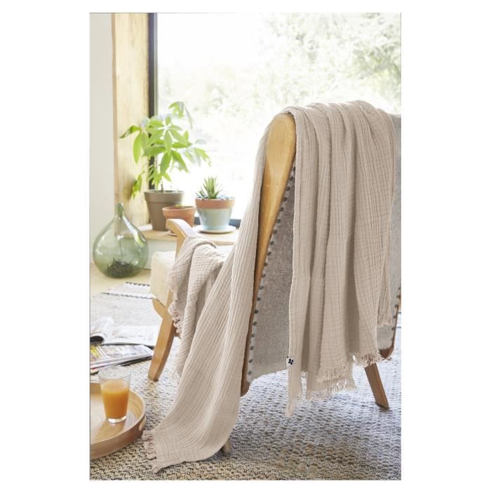 Plaid Quadruple Gaze De Coton - Gaia - Rectangulaire - Beige - 180 X 220 Cm