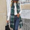 Women Long Vest with Breast Pockets Plaid Print Turn-down Collar Single-breasted Mid Length Waistcoat Loose Caerdigan Outerwear for Daily