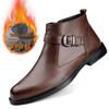 Men's High-Top Leather Slip-On Boots: Formal Casual Cowhide Shoes for Autumn/Winter with Warm Cotton, Large Sizes Available.