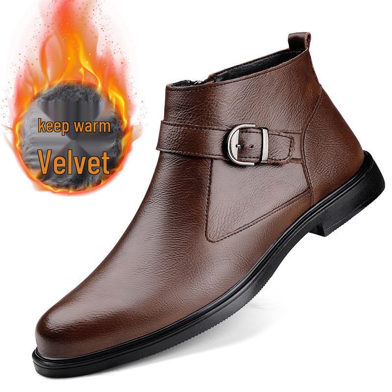Men's High-Top Leather Slip-On Boots: Formal Casual Cowhide Shoes for Autumn/Winter with Warm Cotton, Large Sizes Available.