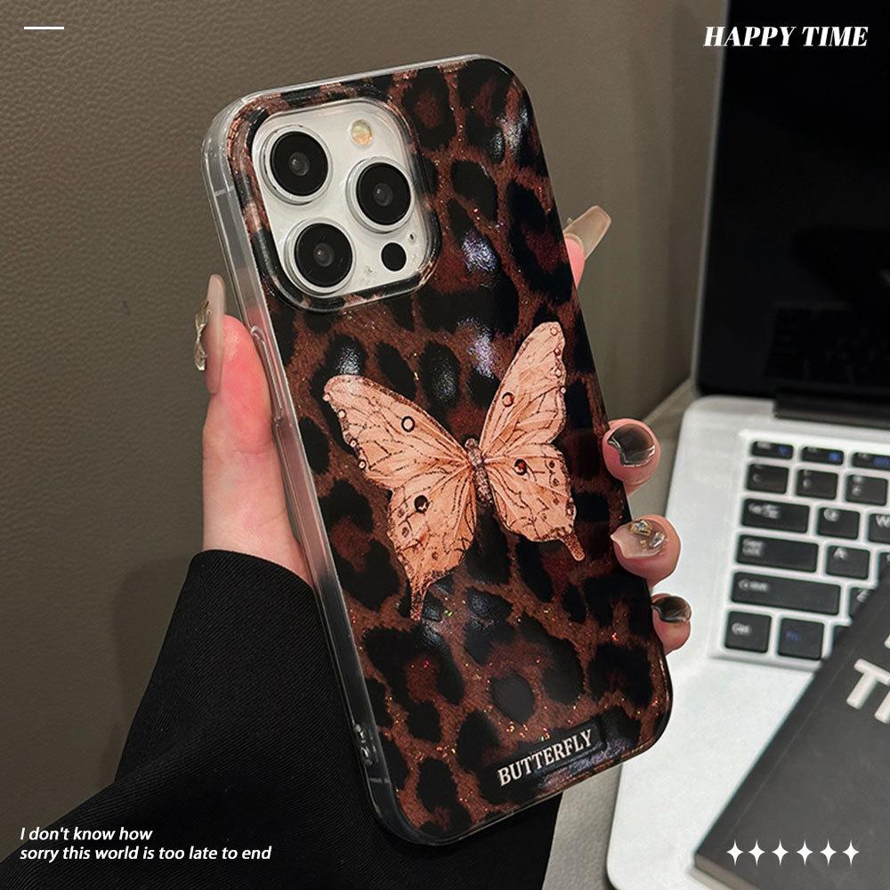 Retro Flash Butterfly Epoxy Glitter Suitable for Apple 17promax Mobile Phone Case Leopard Print iPhone16 Protective Case 15