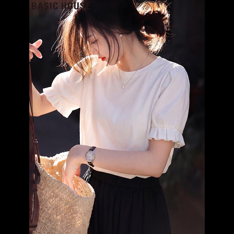 Basic House Women s Solid White Round Neck T-Shirt L
