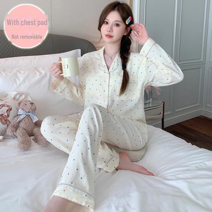 Korean Style Women's Pajamas: Spring Set with Chest Pads, Sweet Love Long Sleeves & Trousers, Suitable for Indoor & Outdoor Wear