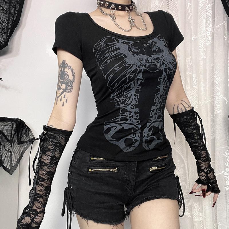 

Футболка AltGoth Mall Gothic Basic, женская уличная одежда, Y2k, киберпанк, принт с изображением костей на спине, ажурная короткая рукава, укороченная футболка, женская