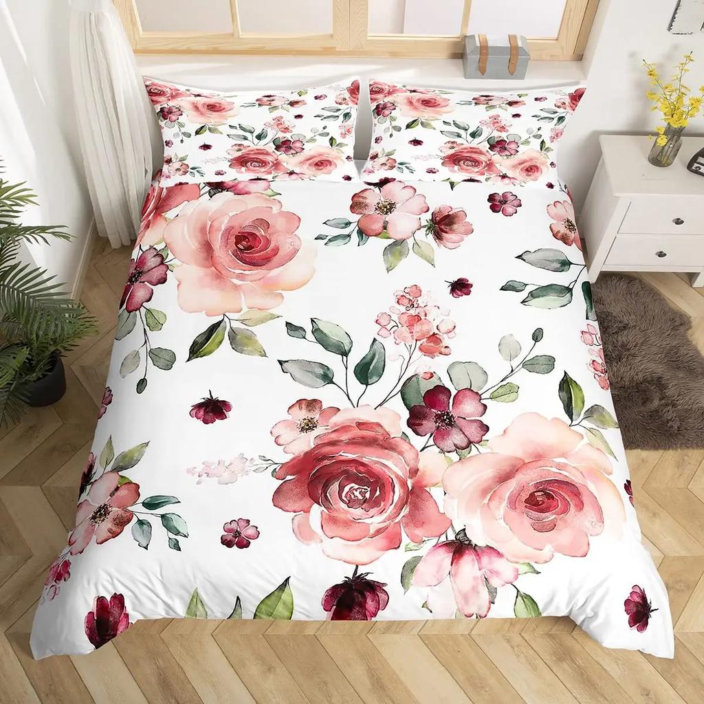 Pink Peony Duvet Cover Set Tulips Flowers Comforter Cover For Girls Women TwinFlorals Blossoms Botanical Plants Bedding Sets