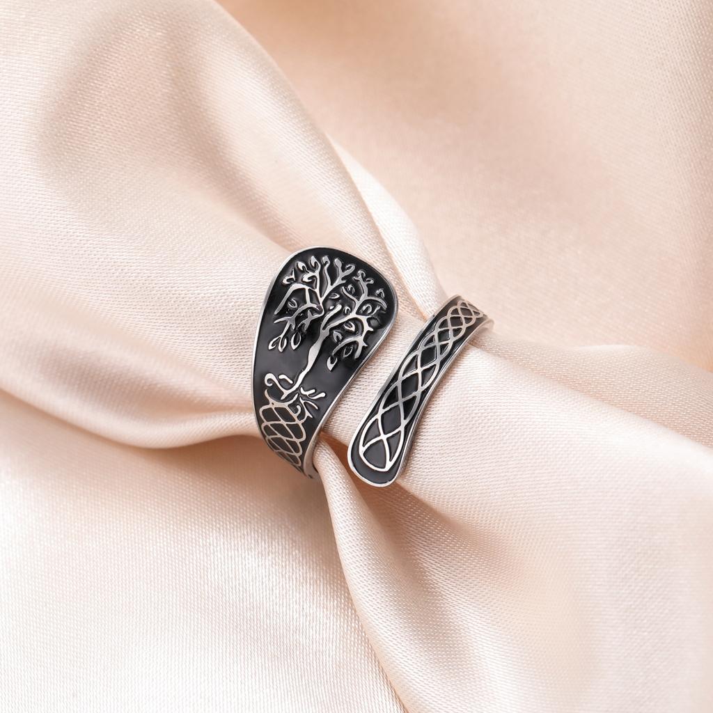 Tree of Life Ring Adjustable Open Band Spiritual Healing Jewelry Stainless Steel Boho Gift for Women Men