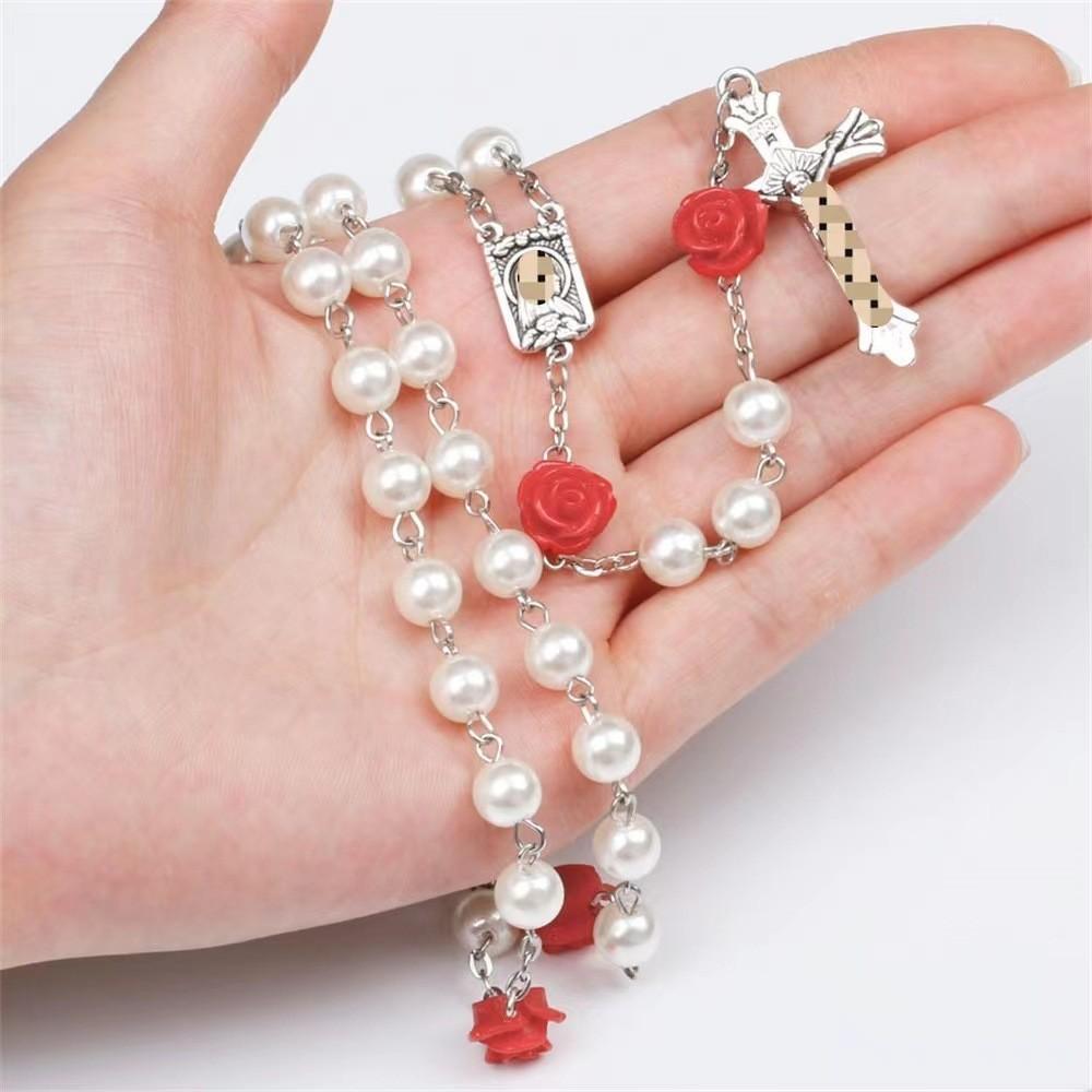 Roses Women Round Bead Necklace Cross Pendant Alloy Material Valentine Gift Day