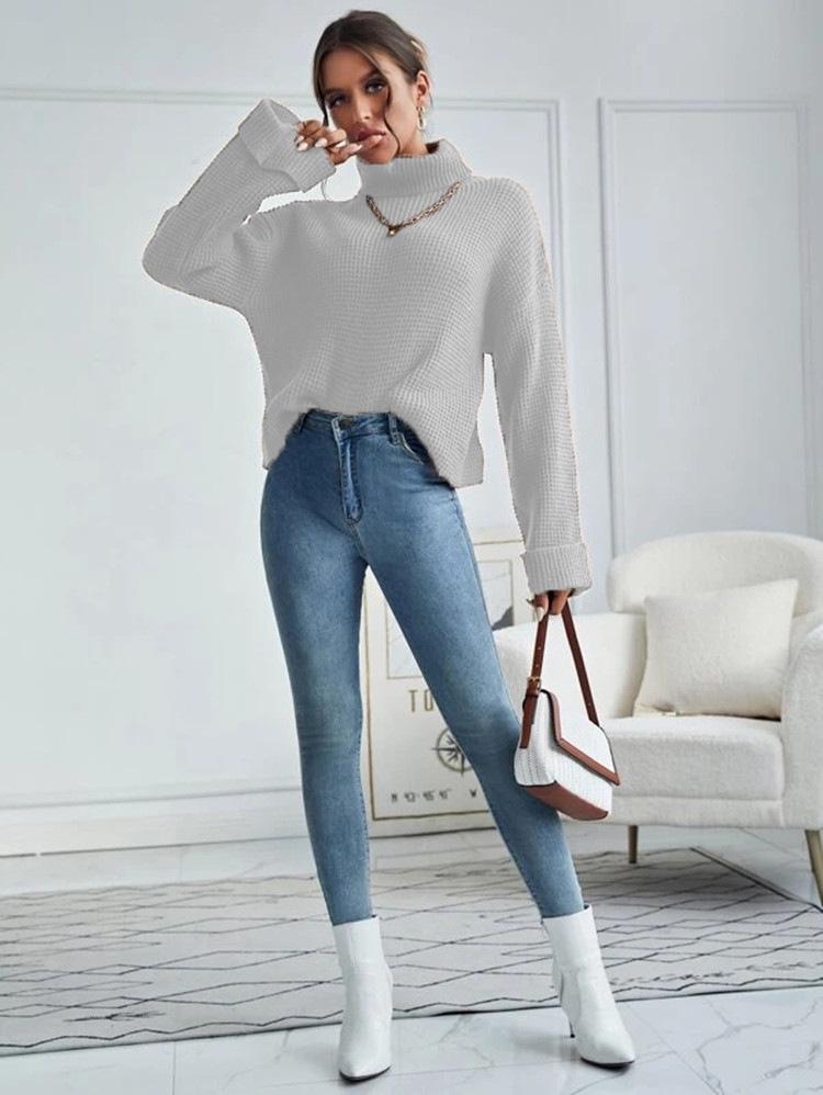 Pull à Col Haut Ample en Tricot pour Femme - Vêtement d'Extérieur Pull Décontracté Automne & Hiver