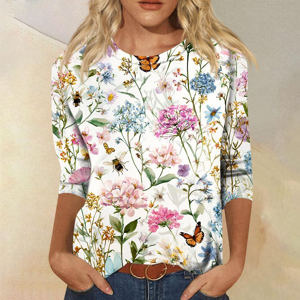 Women Casual Crew Neck Three Quarter Sleeve Floral Print T Shirt Top Relaxed Fit Lightweight Pullover Blouse for Daily Wear