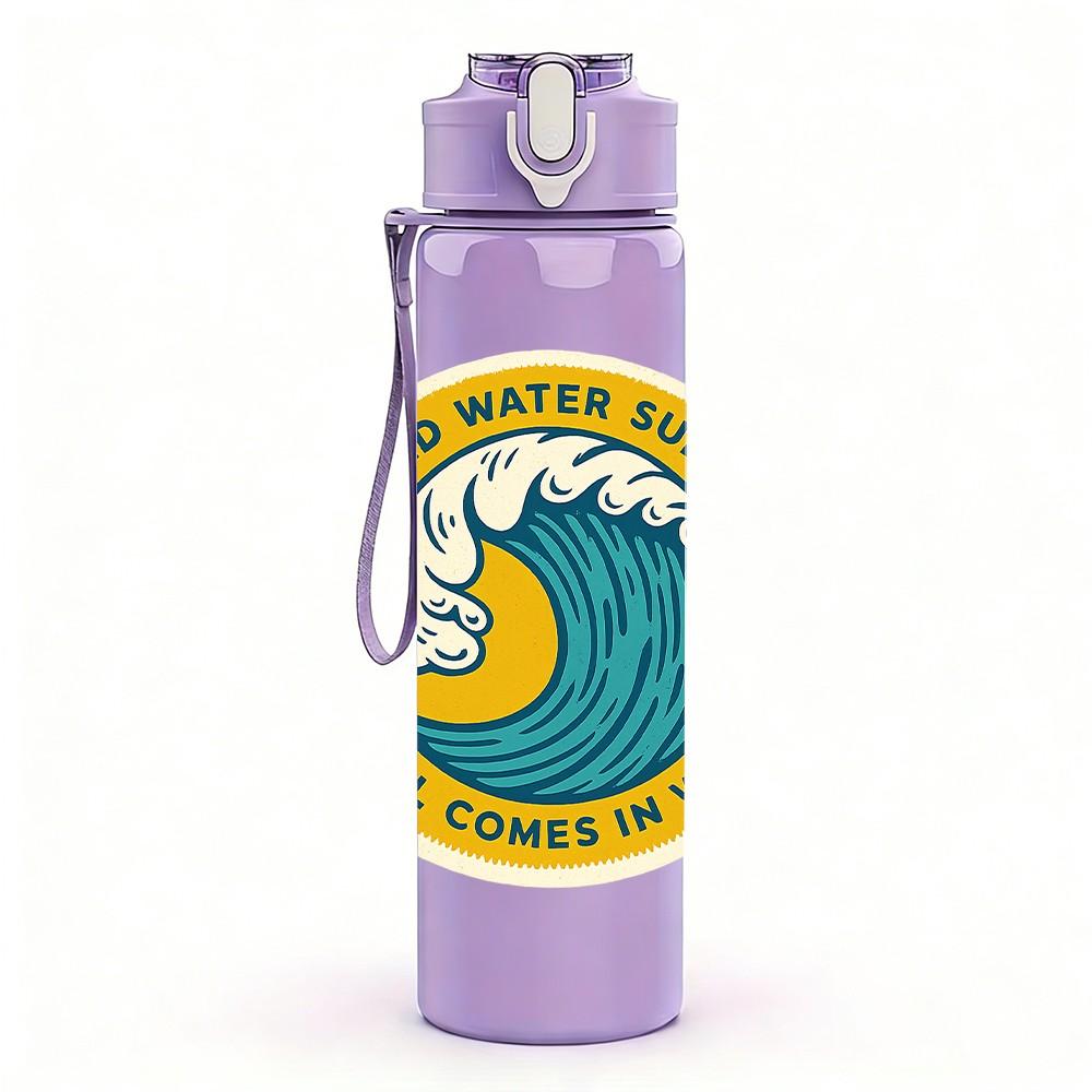 1PC Ocean Wave Circle Badge Surf Print 750ml Color Plastic Sports Water Bottle Leakproof Flip Straw Lid Suitable for Sports Office Home Use