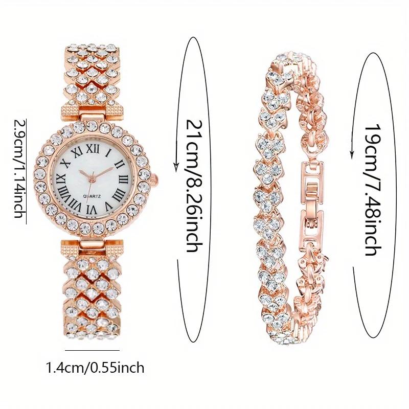 2pcs Luxury Women Rhinestone Rose Gold Watch Fashion Ladies Quartz Diamond Wristwatch Elegant Female Bracelet Watches Set Gift