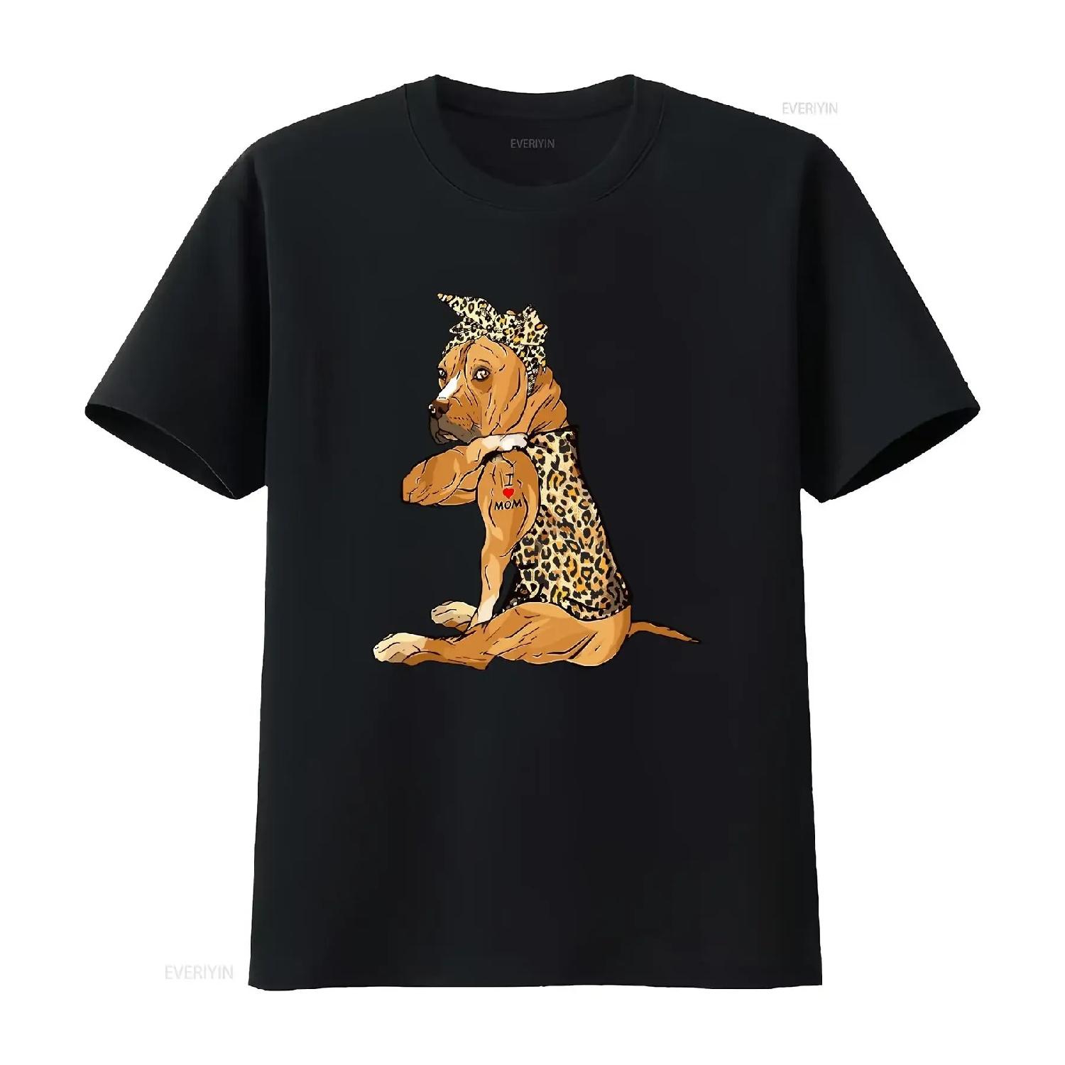 I Love Mom Tattoo Funny Pitbull Dog With Bandana T Shirt vintage Washed Comfortable Stylish streetwear Soft fashion Breathable S
