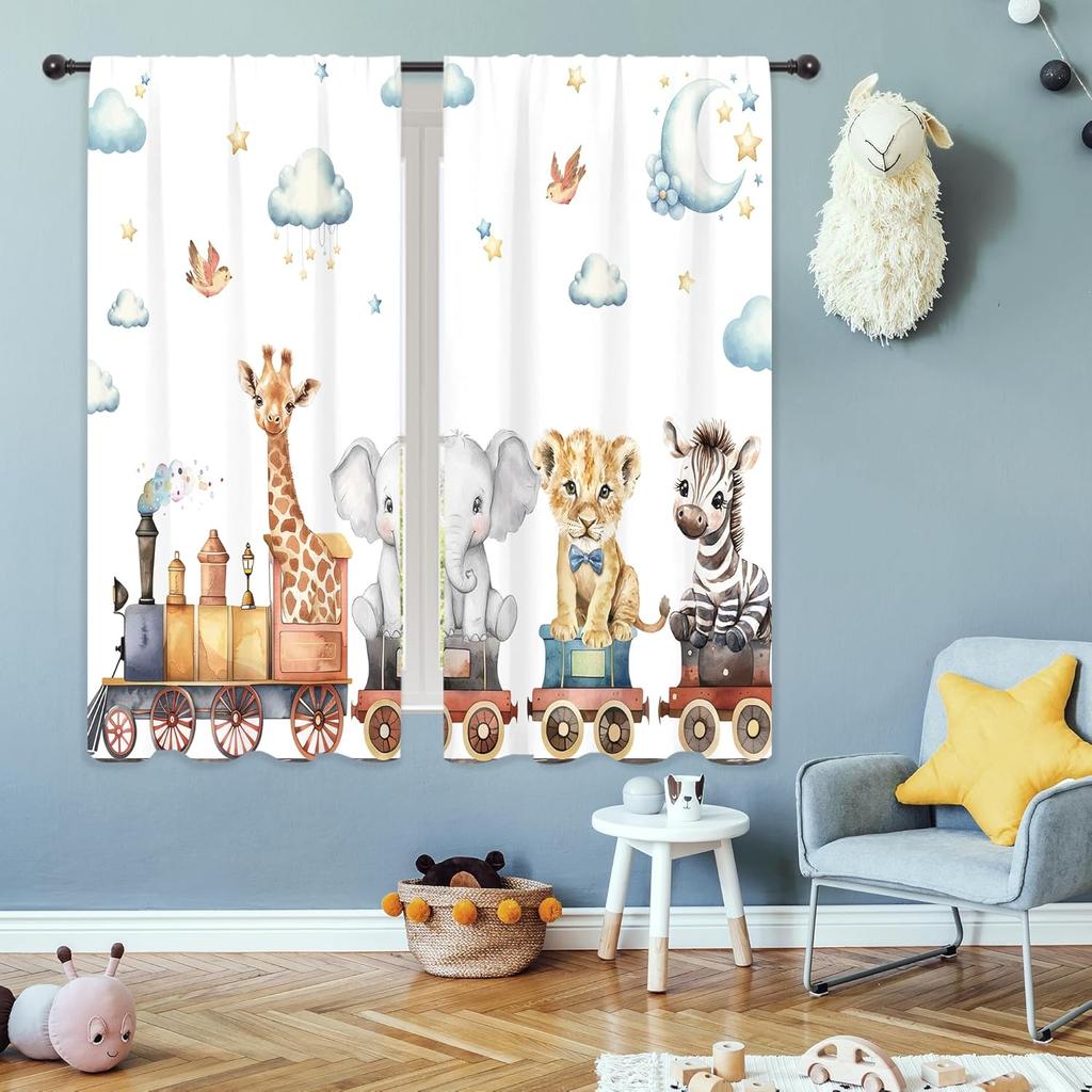 Kids Child Curtains Cute Cartoon Animal Woodland Jungle Adventure Wild Train Wildlife Rod Pocket Lion Elephant Stars Bedroom