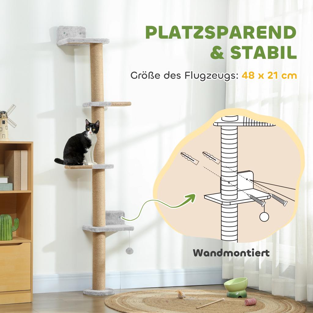 Wall Mounted Cat Shelves, Cat Climbing Wall with 4 Climbing Platforms, Jute Scratching Post and Toy Ball,180cm Tall, Light Grey