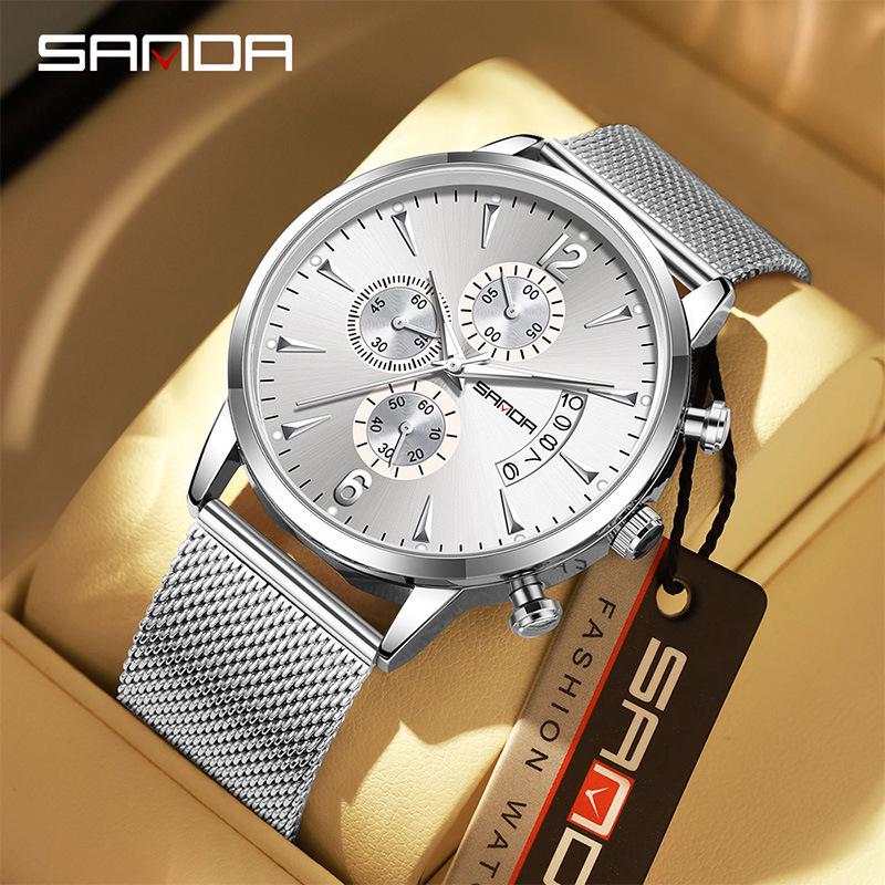 Sanda Retro Men s Waterproof Quartz Wristwatch with Small Seconds and Calendar - Fashionable Steel Band.