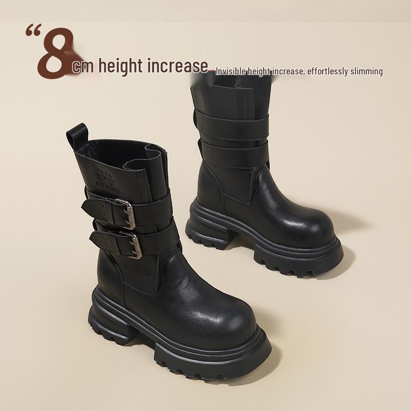 Women s Thick-Soled Cowhide Martin Boots, 2025 Autumn British Style Chunky Heel Ankle Boots with Buckle, Mid-Calf Knight Design 34