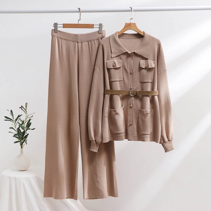 Knitted Sweater Set Polo-neck Loose Coat High Waist Wide-leg Pants Two-piece