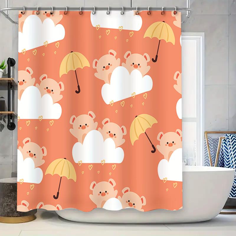 

Adorable Cartoon Bears Umbrellas Shower Curtain Set For Bathroom Decor Home Accessories Peach Color With Clouds Design W60H190(CM)-1 Pcs