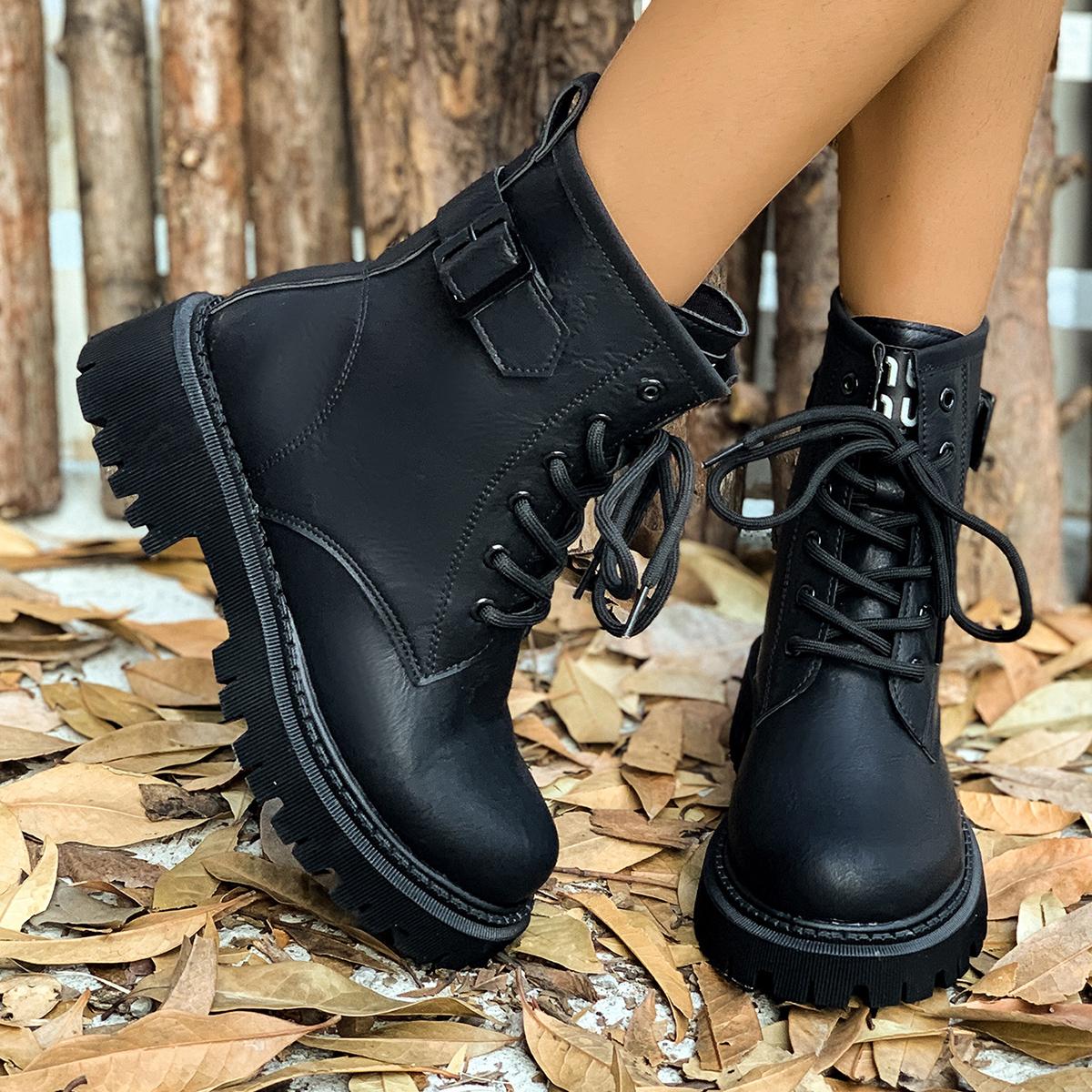 

мода женские модные армейские ботинки черные ботильоны на платформе со шнуровкой женские осенне-зимние пряжки нескользящие ботинки из искусственной кожи 2024 40 чёрный