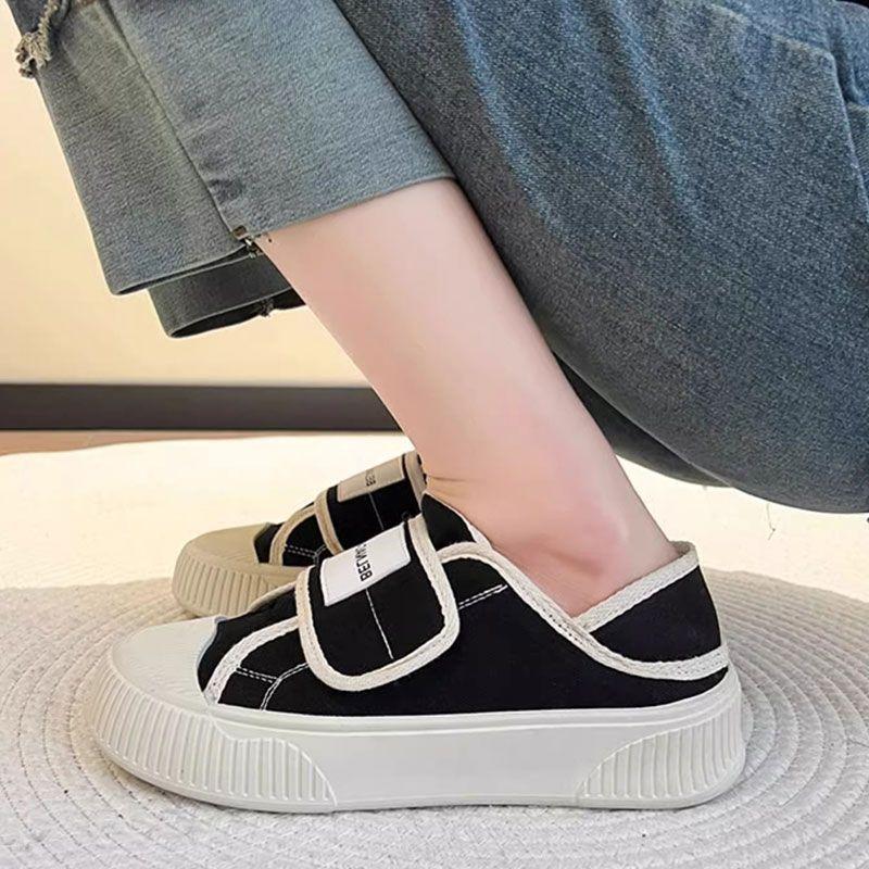 Canvas half slippers women's spring 2025 new thick-soled Velcro white shoes two wear one pedal casual board shoes