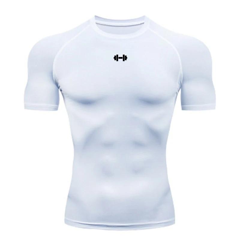 

Compression T-shirt men s summer sportswear running T-shirt elastic quick drying sports top T-shirt gym dumbbell exercise shirt S белый