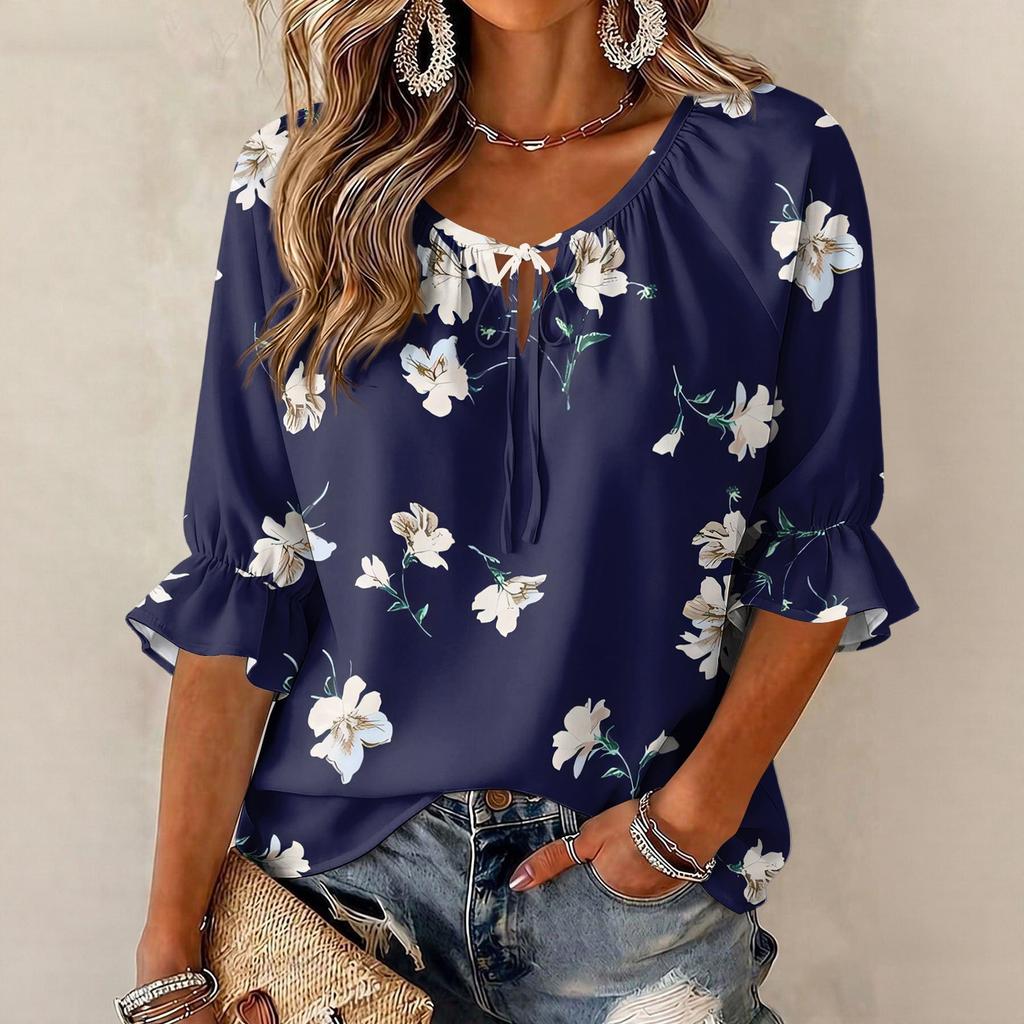 Women's Retro Floral Print Blouse with Ruffle Three-Quarter Sleeves and Tie Front