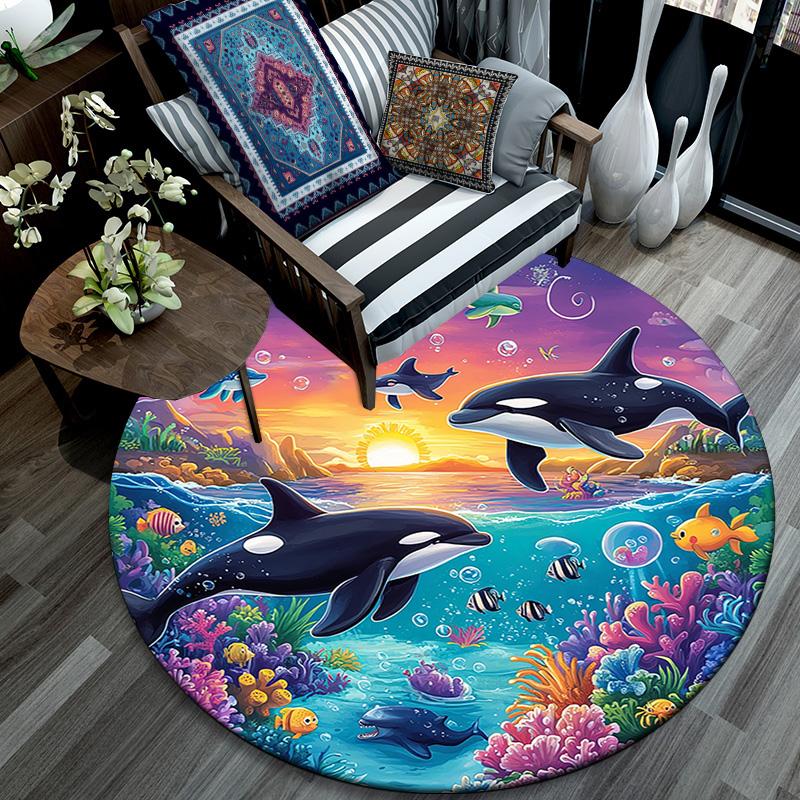 Orca Whales Round Area Rug,Carpet Rug for Living Room Bedroom Sofa Playroom Decor,Non-slip Floor Mat