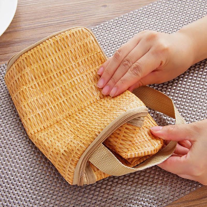 Strohgewebte wasserdichte, isolierte Thermo-Bento-Lunch-Einkaufstasche, Reise-Picknickbox