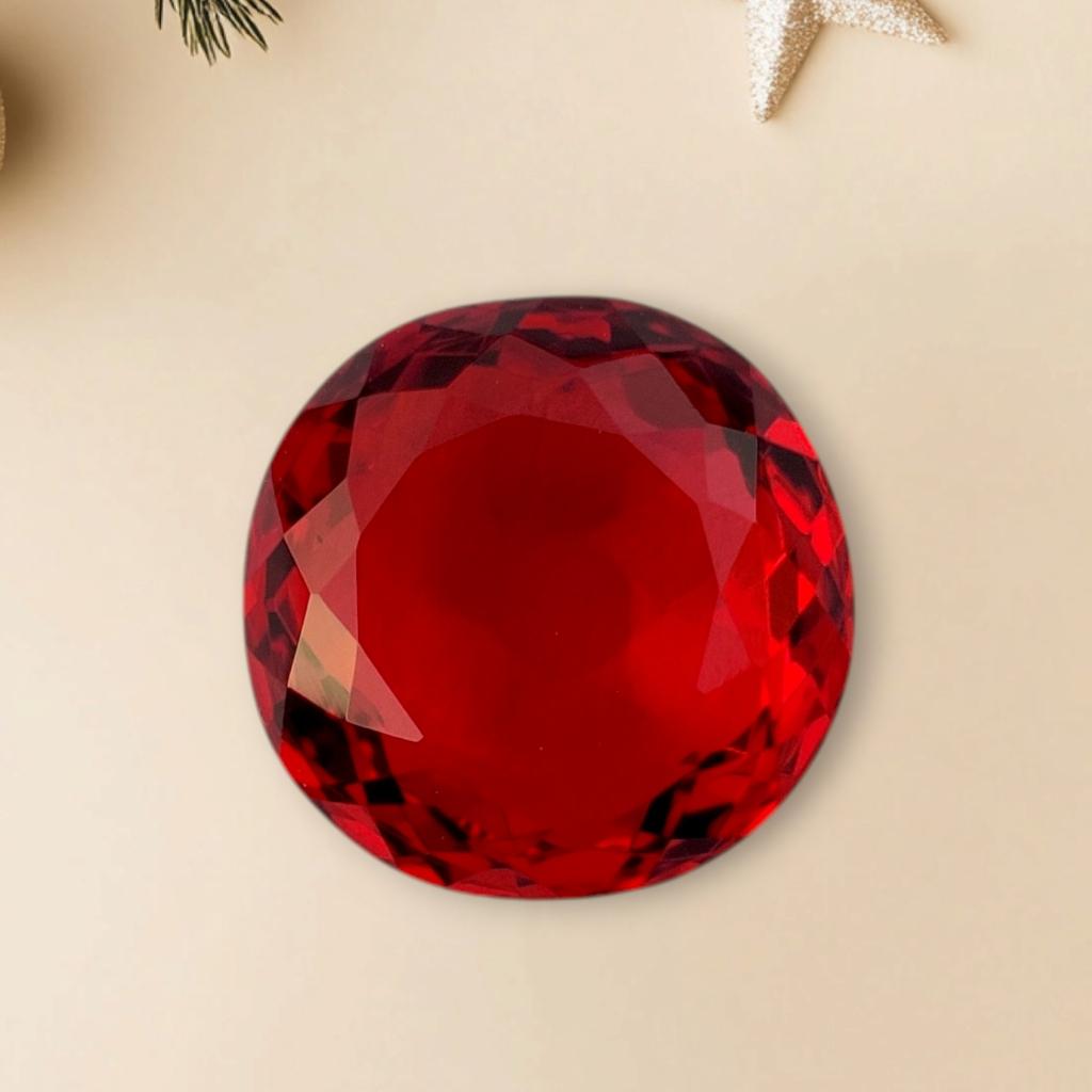 Amazing Chekar Cut Eye Clean Ruby Shade Glass Stone, 5.15 Carat, 12 MM Round Glass Stone, Faceted Round Shape Glass Stone.