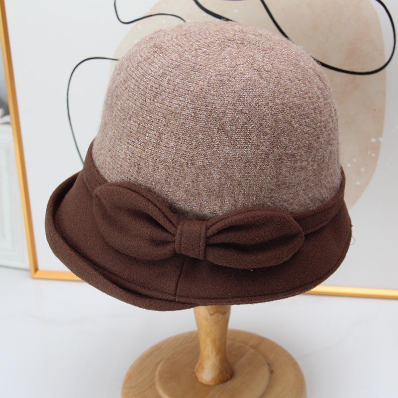 French bow knitted bucket hat women's autumn and winter retro basin hat short-brimmed top hat elegant and versatile small hat