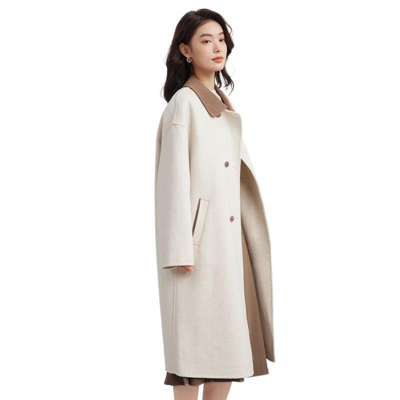 Women's Off-White Wool Coat - Korean Style Mid-Length Jacket for Autumn/Winter