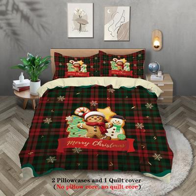 3pcs Christmas Gingerbread Print Coreless Bedding Set Comfortable Multi Size Bedroom Dormitory Duvet Covers Machine Washable