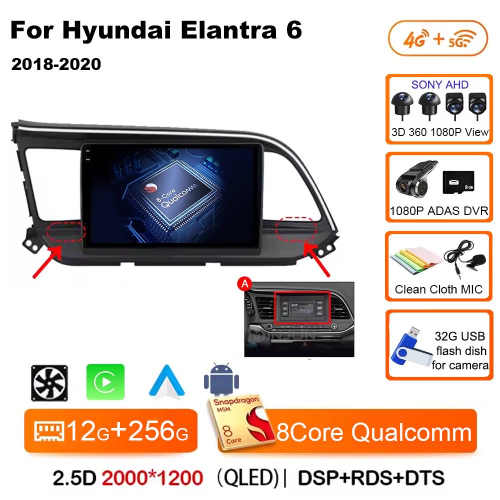 For Hyundai Elantra 6 2018 2019 2020 Car Radio Multimedia Video GPS Android 14 Wireless Apple Carplay QLED Screen Head Unit