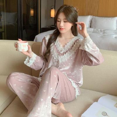 Goldener Samt Pyjama Damen Frühling Herbst Neu Trendy Süßer Pyjama Anzug Reine Spitze Langärmelig Hauskleidung Zweiteilige Sets