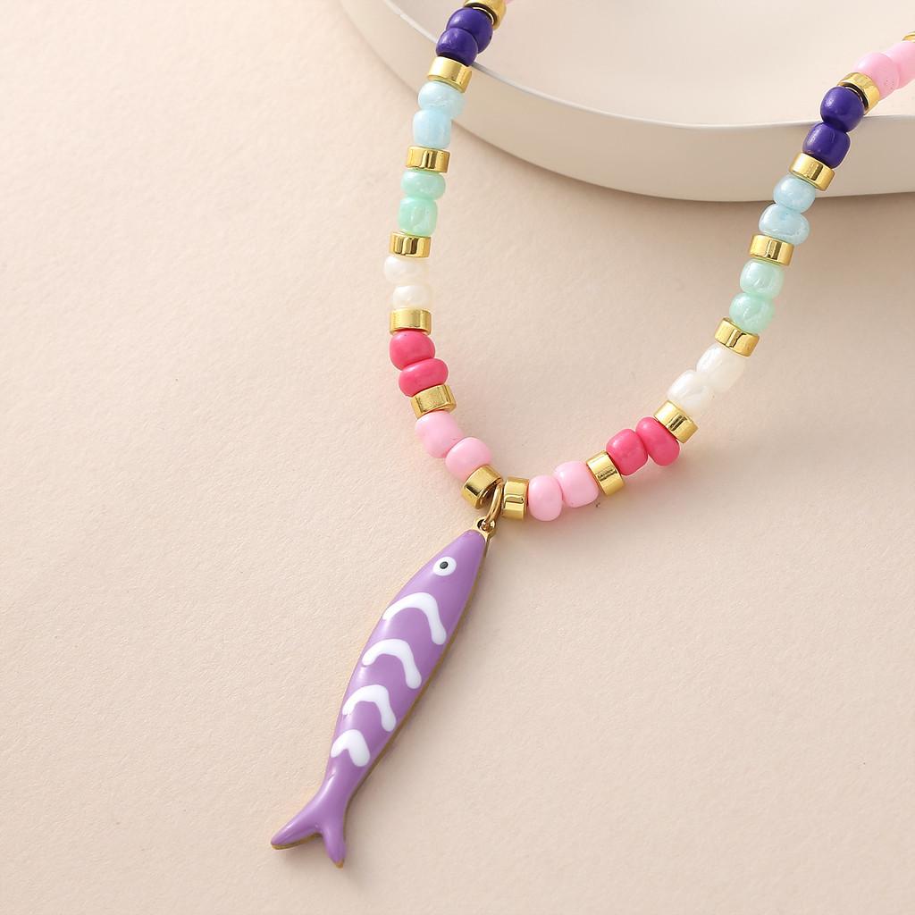 Collana con Ciondolo Pesce Bohemien con Perline Colorate e Catena in Acciaio Inossidabile per Donne e Uomini