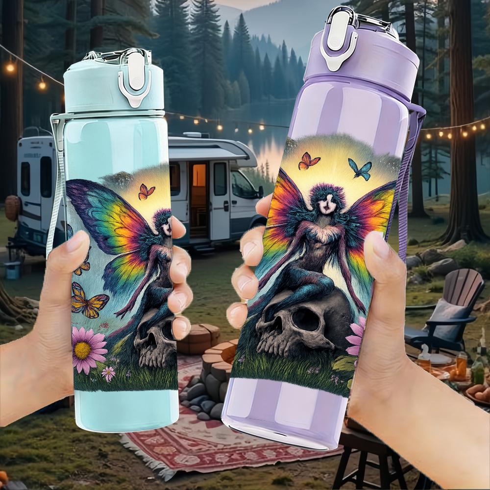 1PC Winged Butterfly Lady Art 750ml Color Plastic Sports Water Bottle Leakproof Flip Straw Lid For Sports Office Home Use