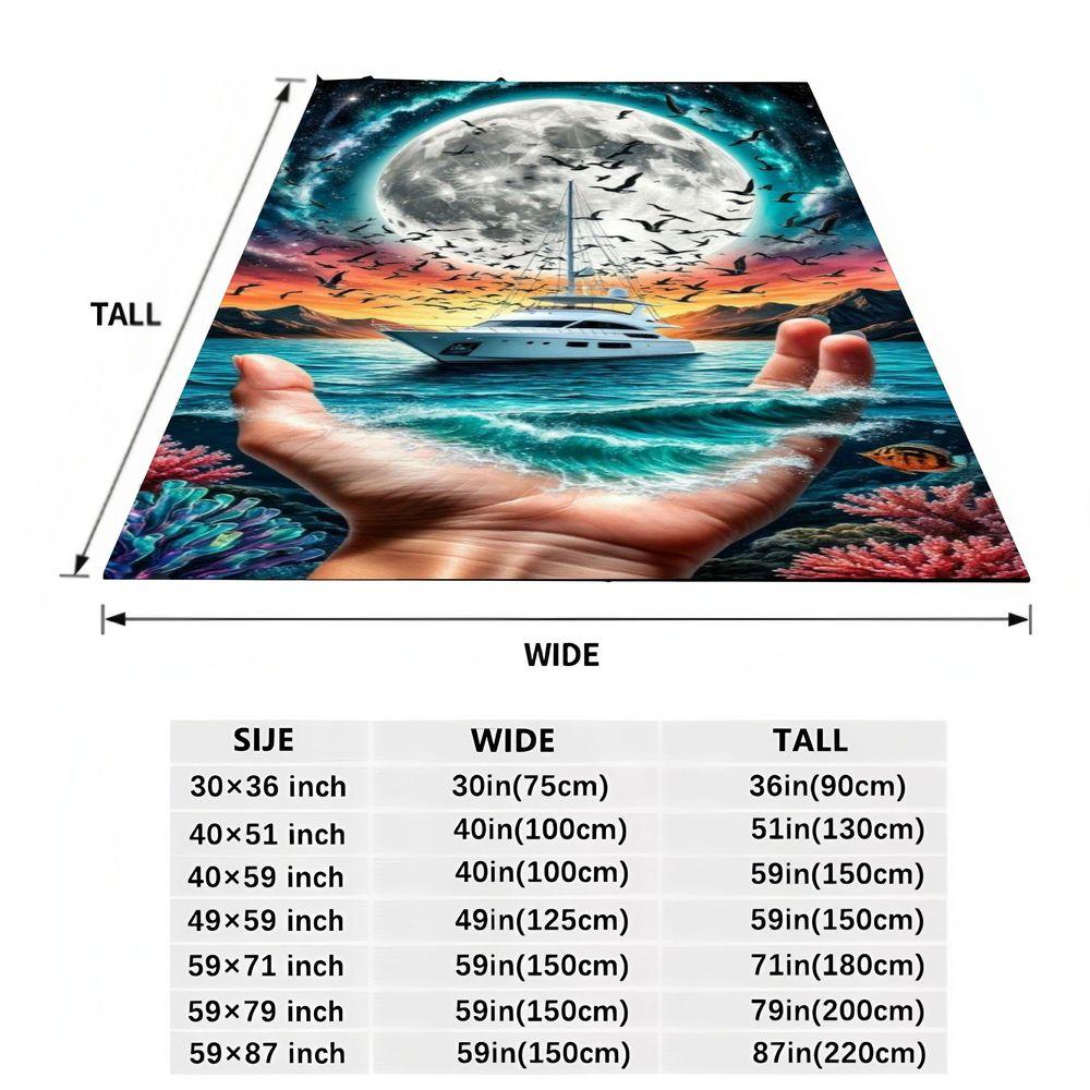 Surreal Landscape Art Throw Blanket - Vibrant Giant Hand Cupping Turquoise Ocean Waves with Sailboat & Full Moon Design, Soft Co