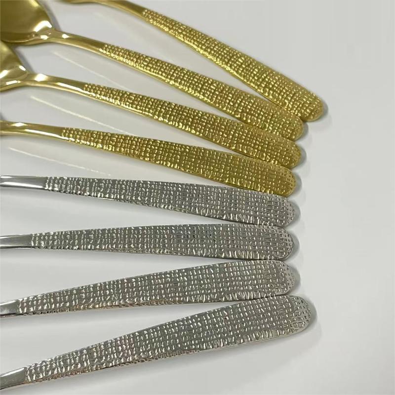 304 Edelstahl Besteck Flachkopf Löffel Gehämmertes Muster Griff Geschirr Luxus Retro Tafelgeschirr