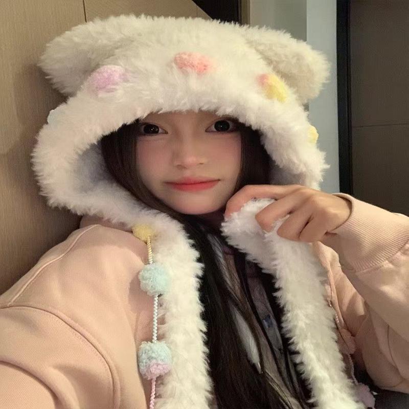 

2025 Popular Cute And Fluffy Versatile Little Bear Ear Hat For Women S Warm Autumn And Winter Colorful Lace-Up Knitted Hat