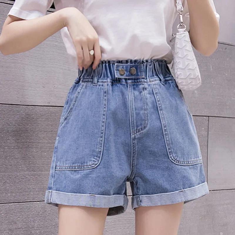 elastic waist blue jean shorts