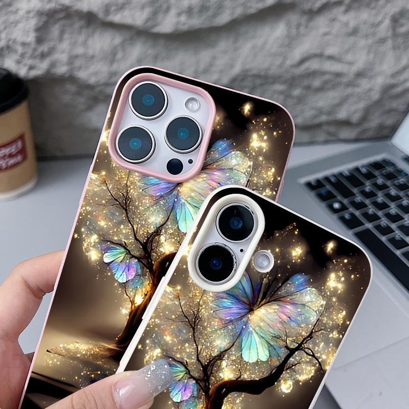 Shining Fantasy Tree Butterfly Pattern Case For iPhone 17 Pro Max iPhone 16 Pro Max 15 14 13 12 11 16E Air Luxury Leather Texture Silicone Cover