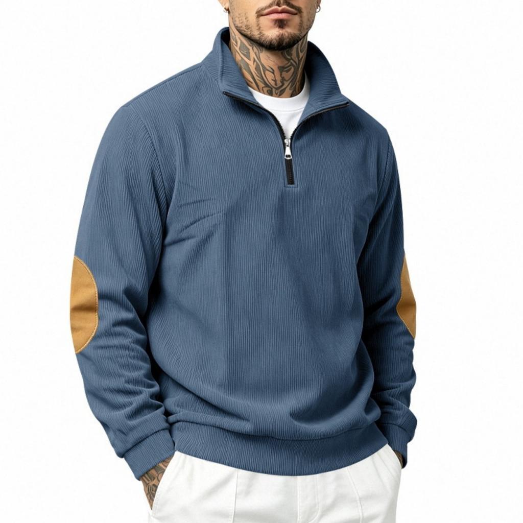 Men's Half-Zip Hooded Long Sleeve Loose Fit Sweatshirt with Paneled Stitching